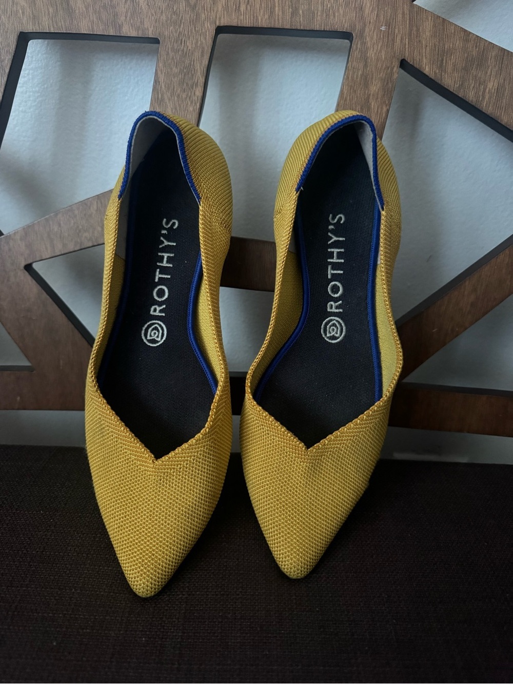 Rothy's Mustard Yellow Pointed Toe Flats with Blue Trim